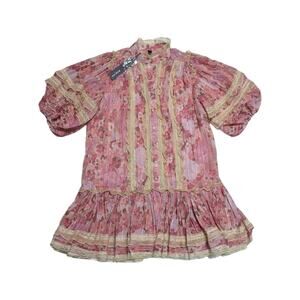 Beulah Pink Lace Ruffle Mini Dress Puff Sleeve Coquette Kawaii Womens Small